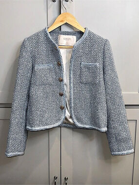 Goelia Tweed Fringe Trim Women Jacket Boucle Blazer Blue & White Small